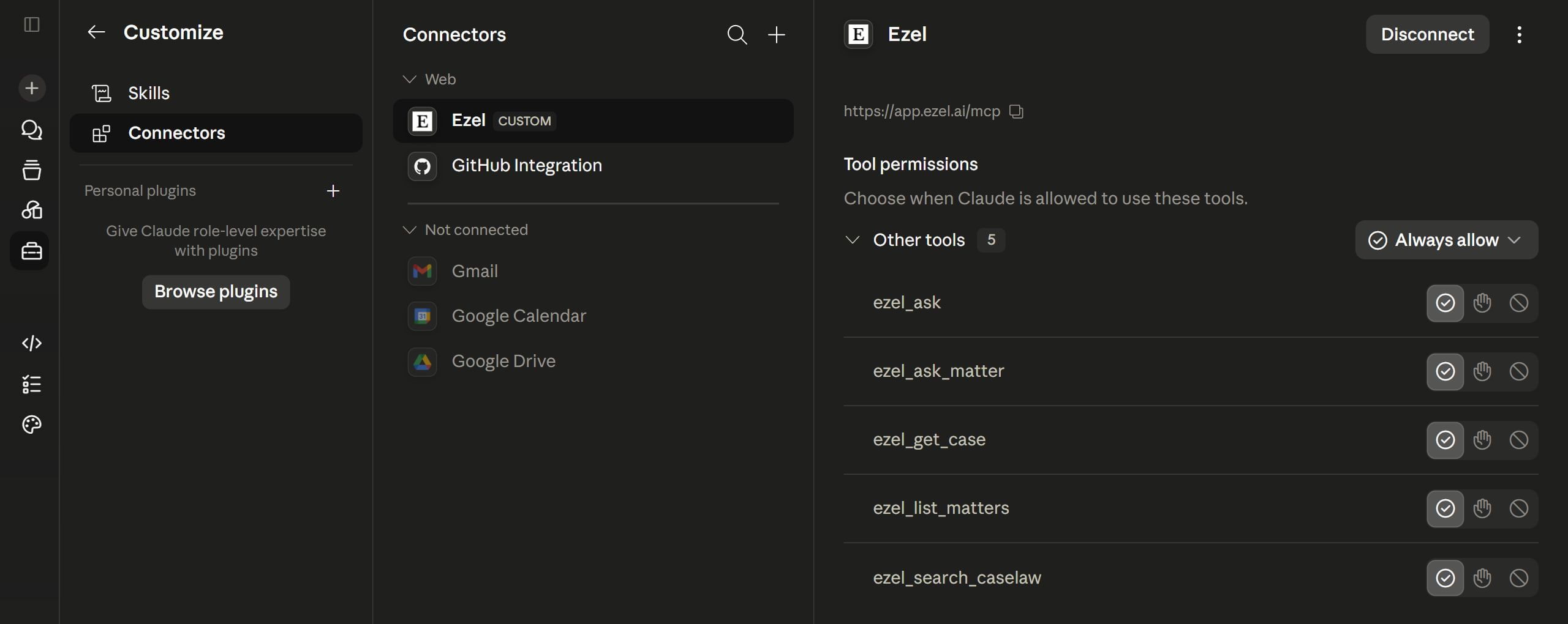 The five Ezel tools, available as a custom connector in Claude