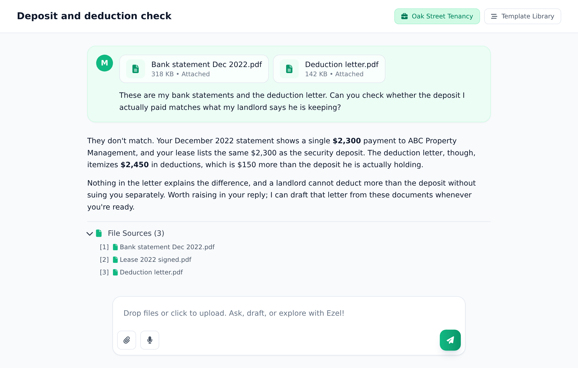 A matter-linked Ezel chat checking bank statements against a deduction letter, with answers citing the uploaded files