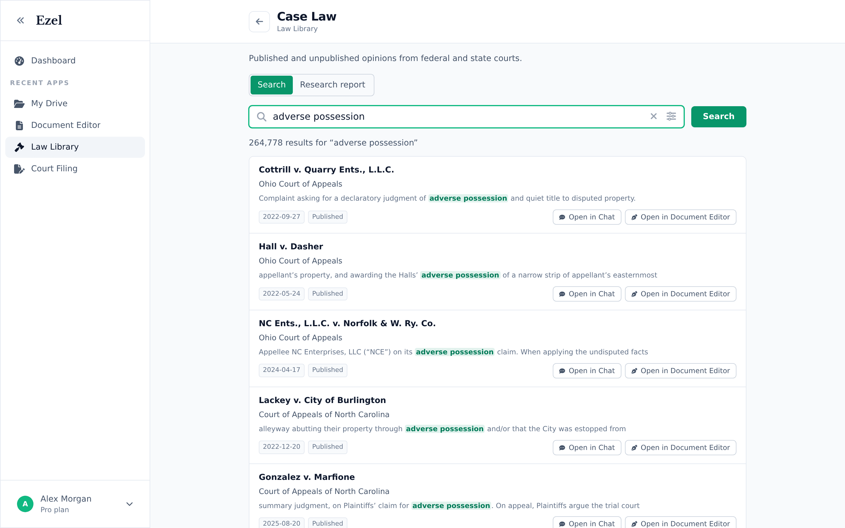 Case law results with Open in Chat and Open in Document Editor on every case