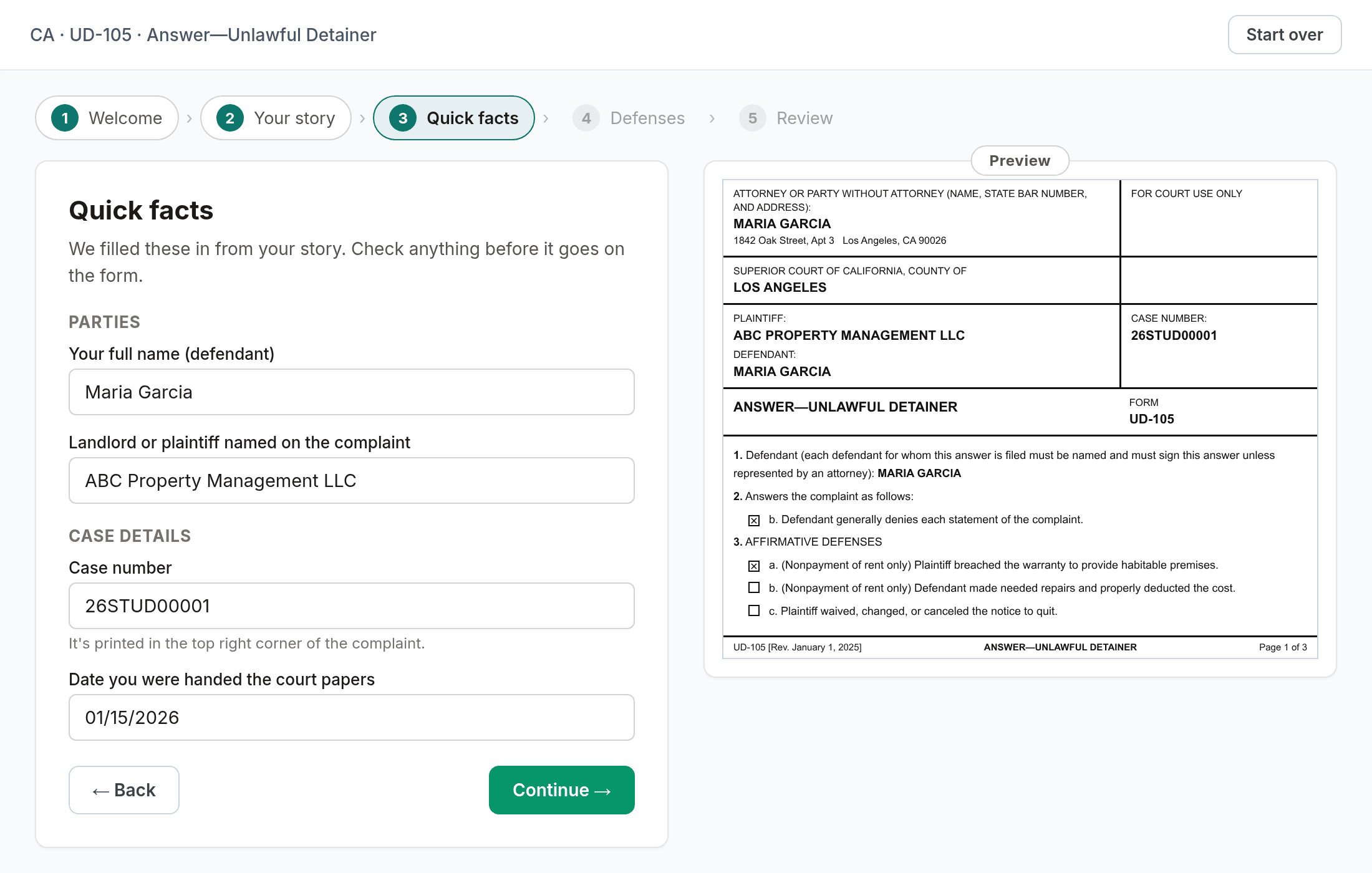 Ezel guided court form filling with live PDF preview