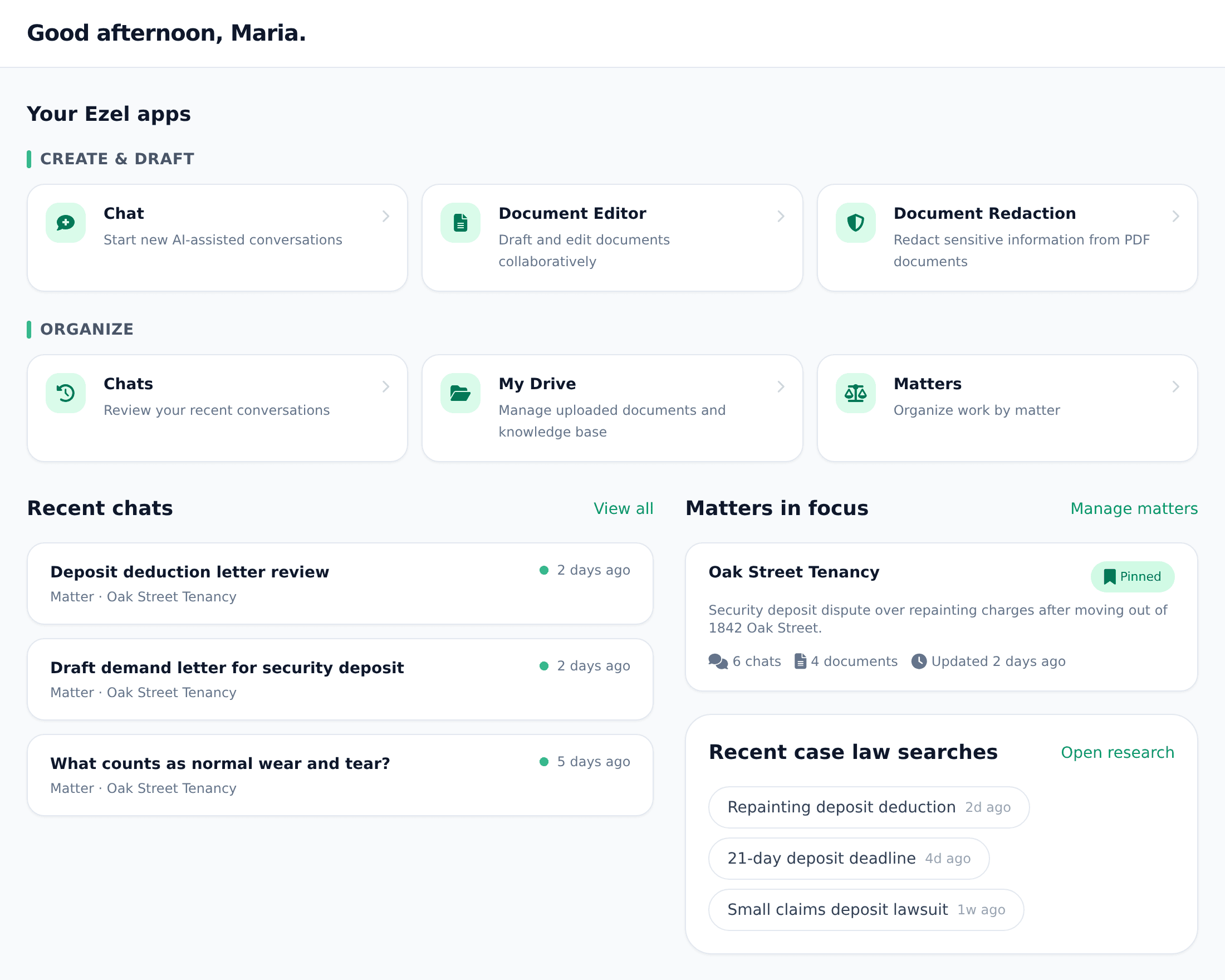 Ezel workspace overview: apps, recent chats, matters in focus, and case law searches