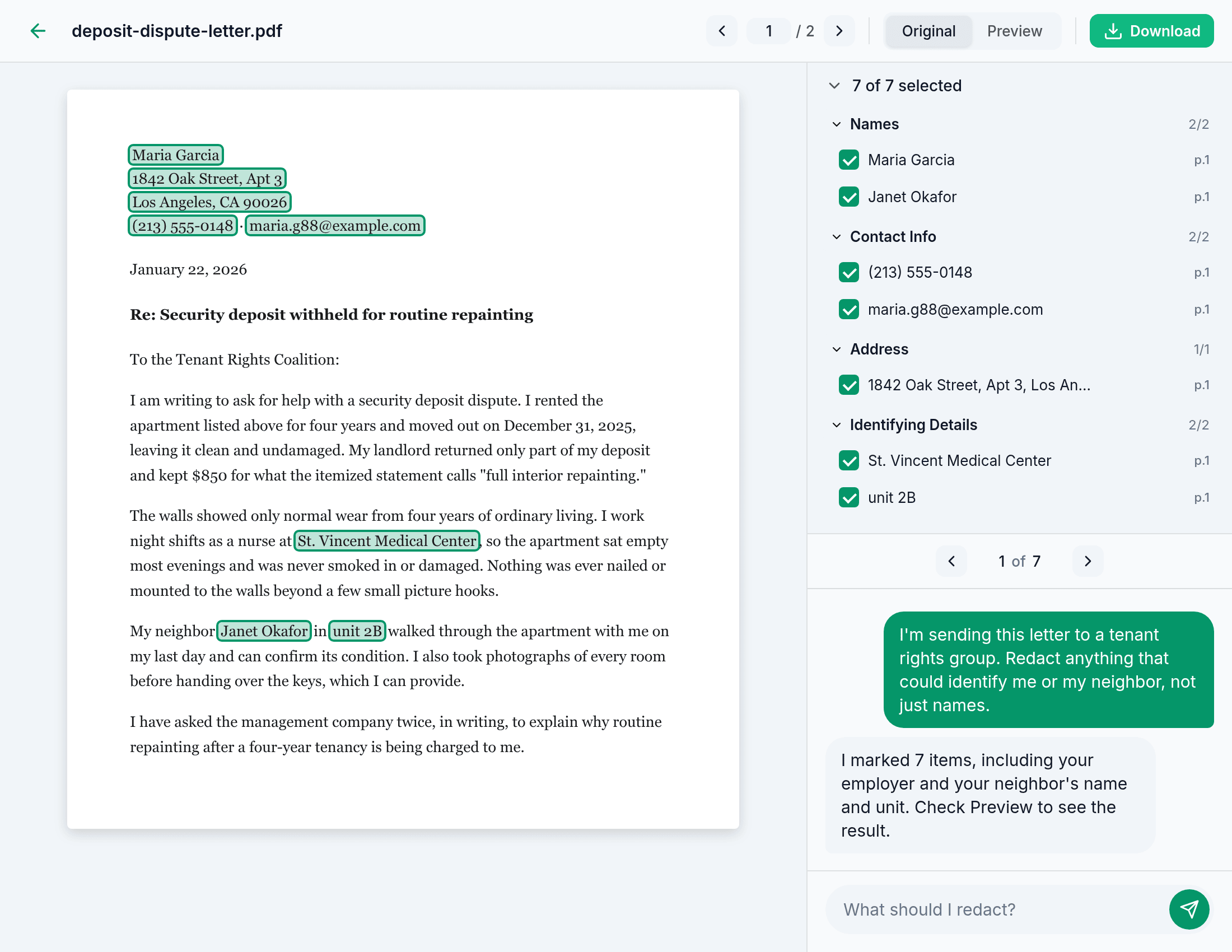 Ezel Document Redaction: AI highlights every identifying detail it found in the letter