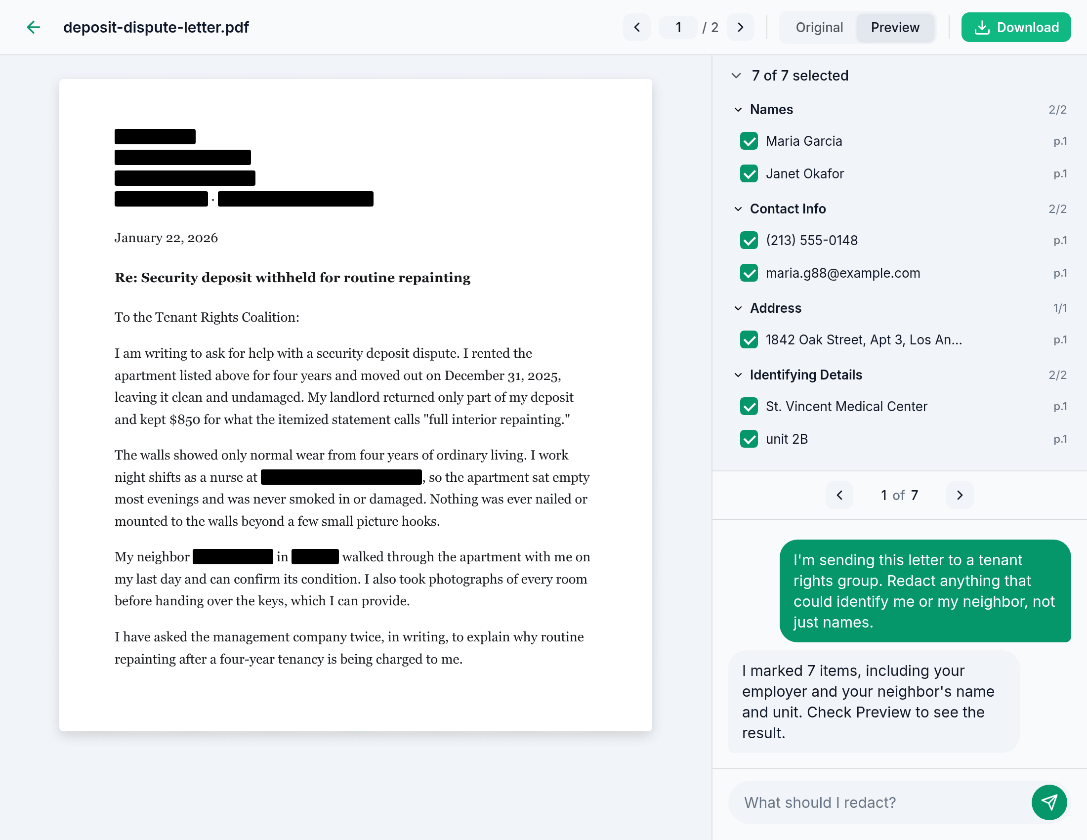 Ezel Document Redaction: preview with the selected items blacked out