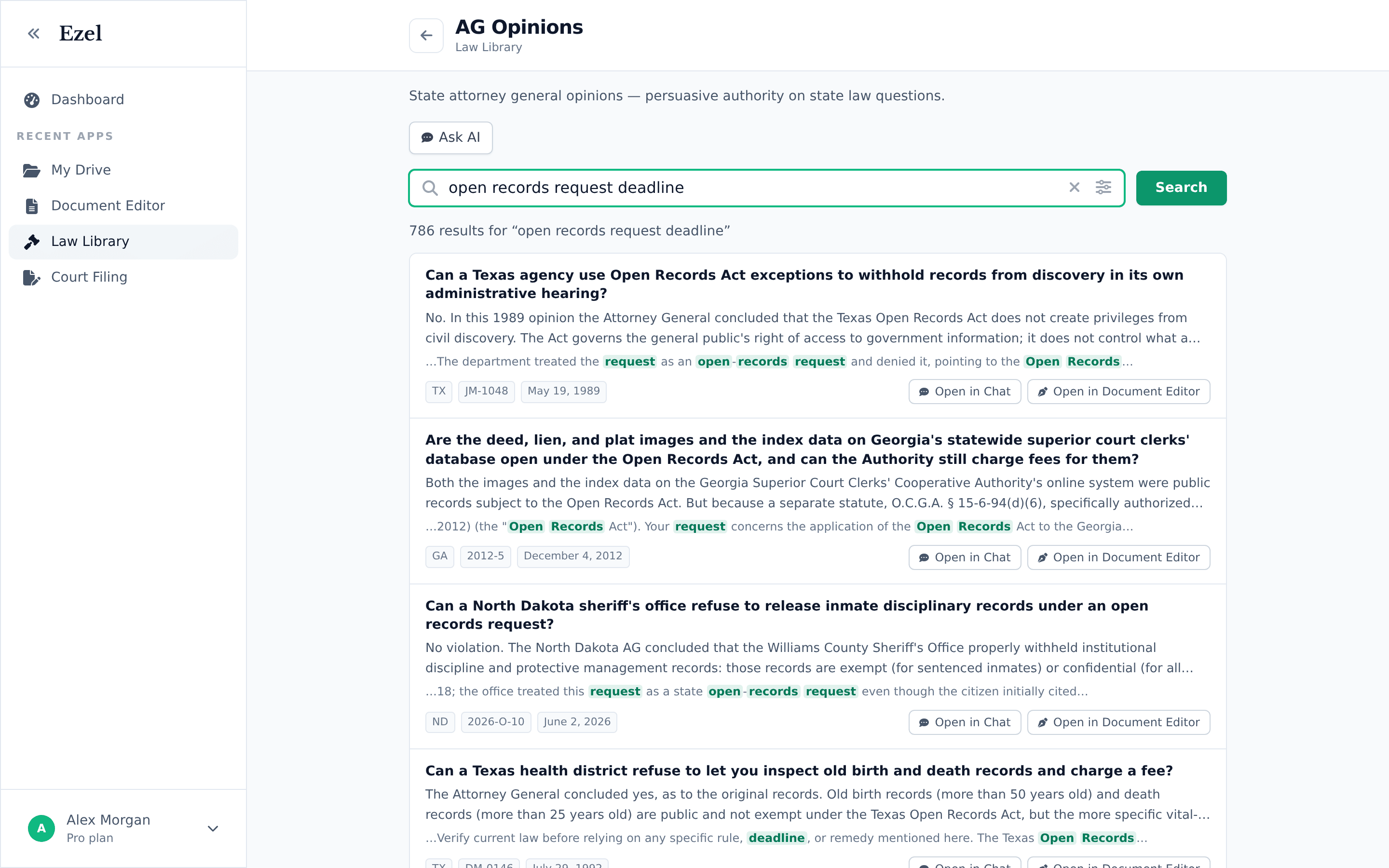 AG opinion search results, each showing the question and the answer